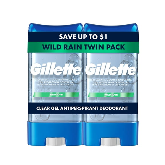 Gillette Antiperspirant Deodorant for Men, Clear Gel, Wild Rain, Twin Pack, 3.8 oz