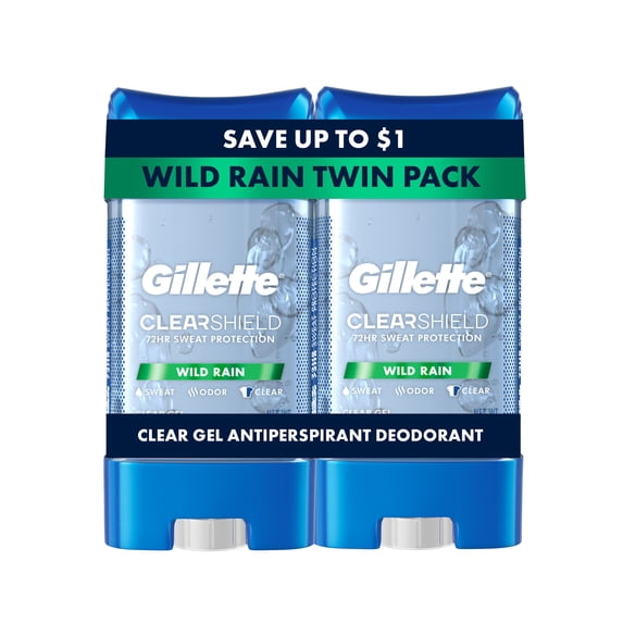 Gillette Antiperspirant Deodorant for Men, Clear Gel, Wild Rain, Twin Pack, 3.8 oz