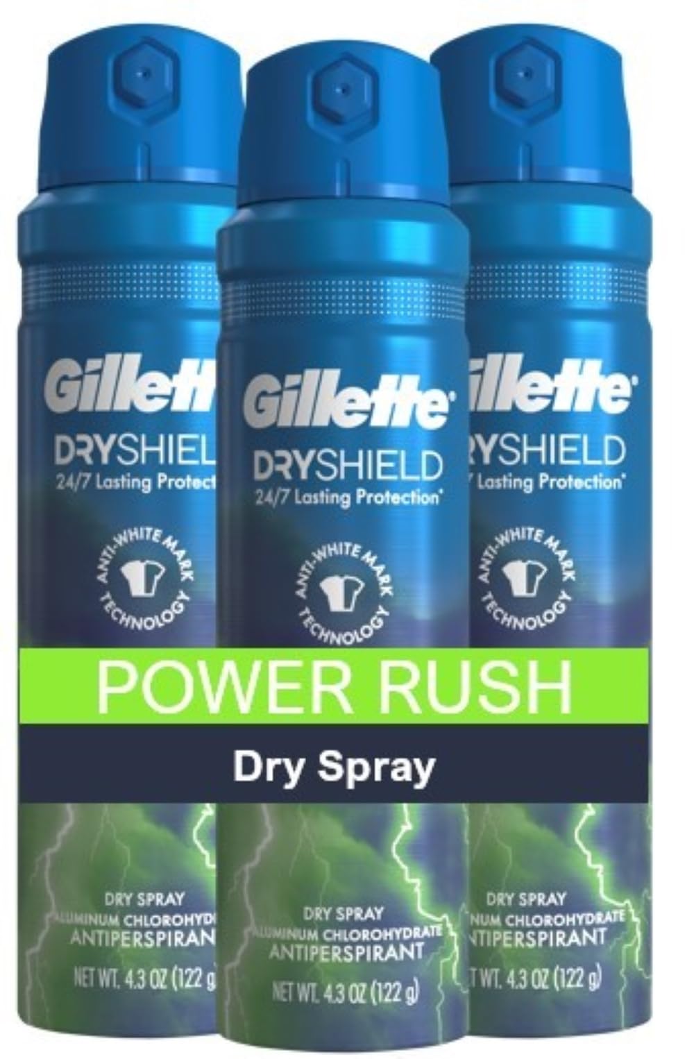 Gillette Dry Spray Antiperspirant and Deodorant for Men Power Rush 4.3 oz (Pack of 3)