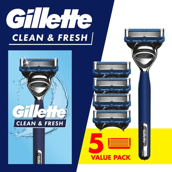 Gillette Mens Razor, Clean & Fresh, Handle + 5 Blade Refills