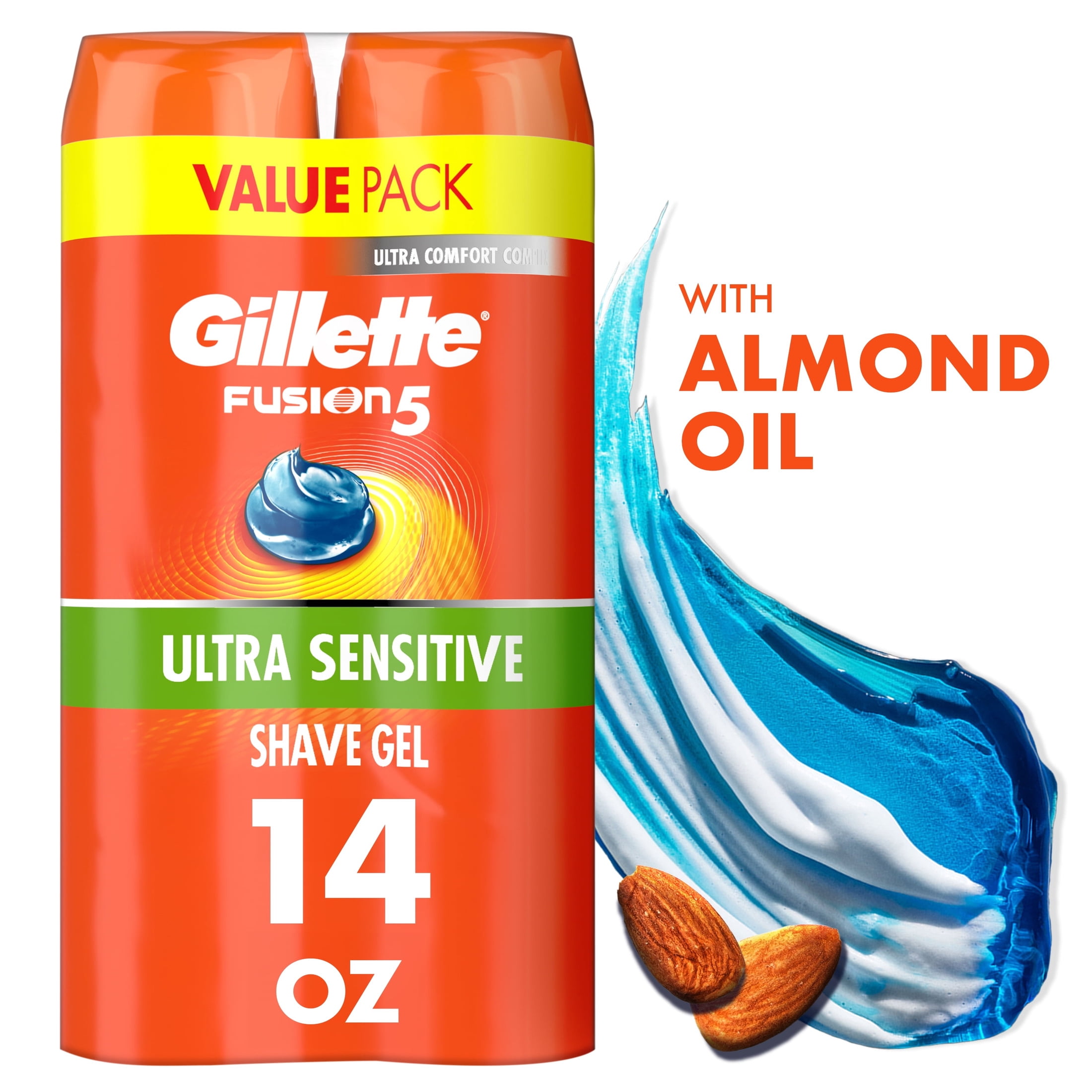 Gillette Fusion Shave Gel, Sensitive Skin Shaving Gel with Almond Oil for Men, 7 oz Pack of 2
