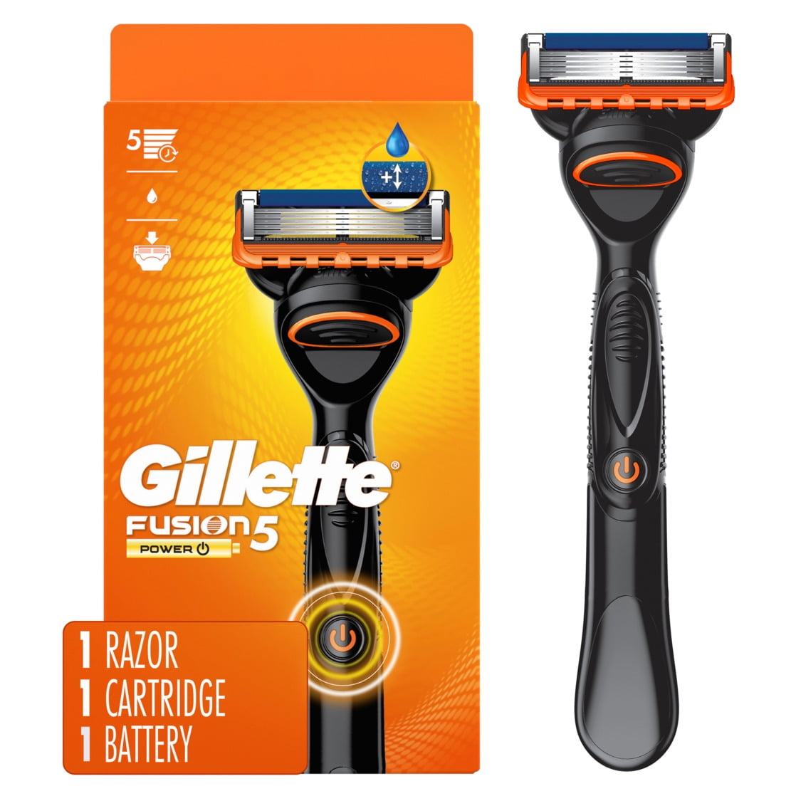 Gillette Fusion5 Power Men's Razor Handle, Orange, 1 Blade Refill