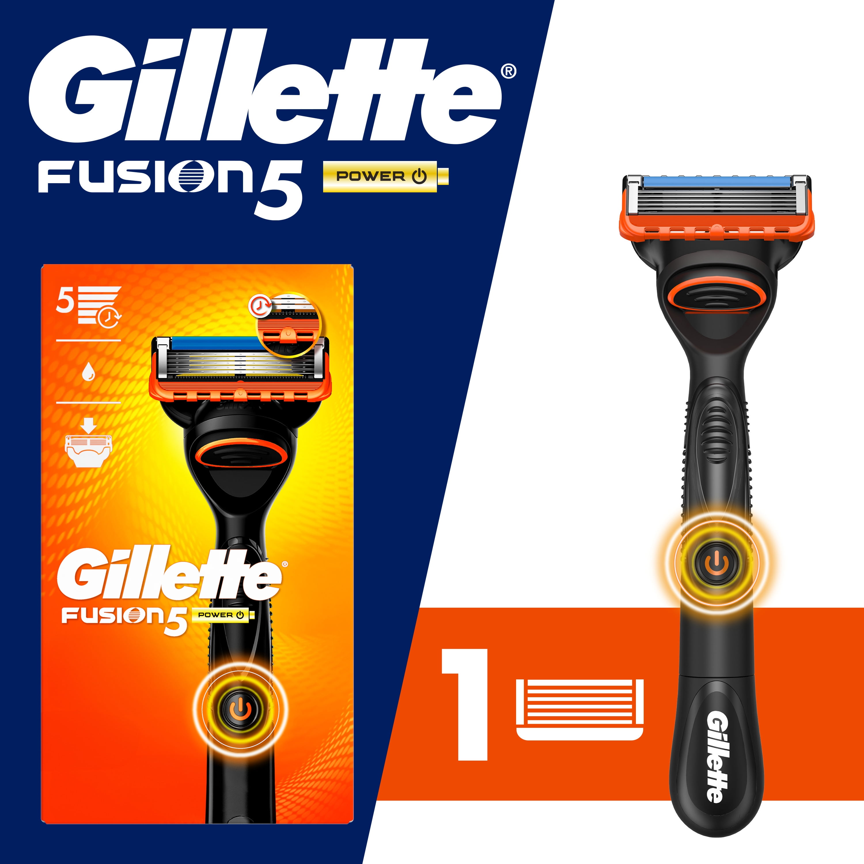 Gillette Fusion5 Power Men's Razor Handle, Orange, 1 Blade Refill