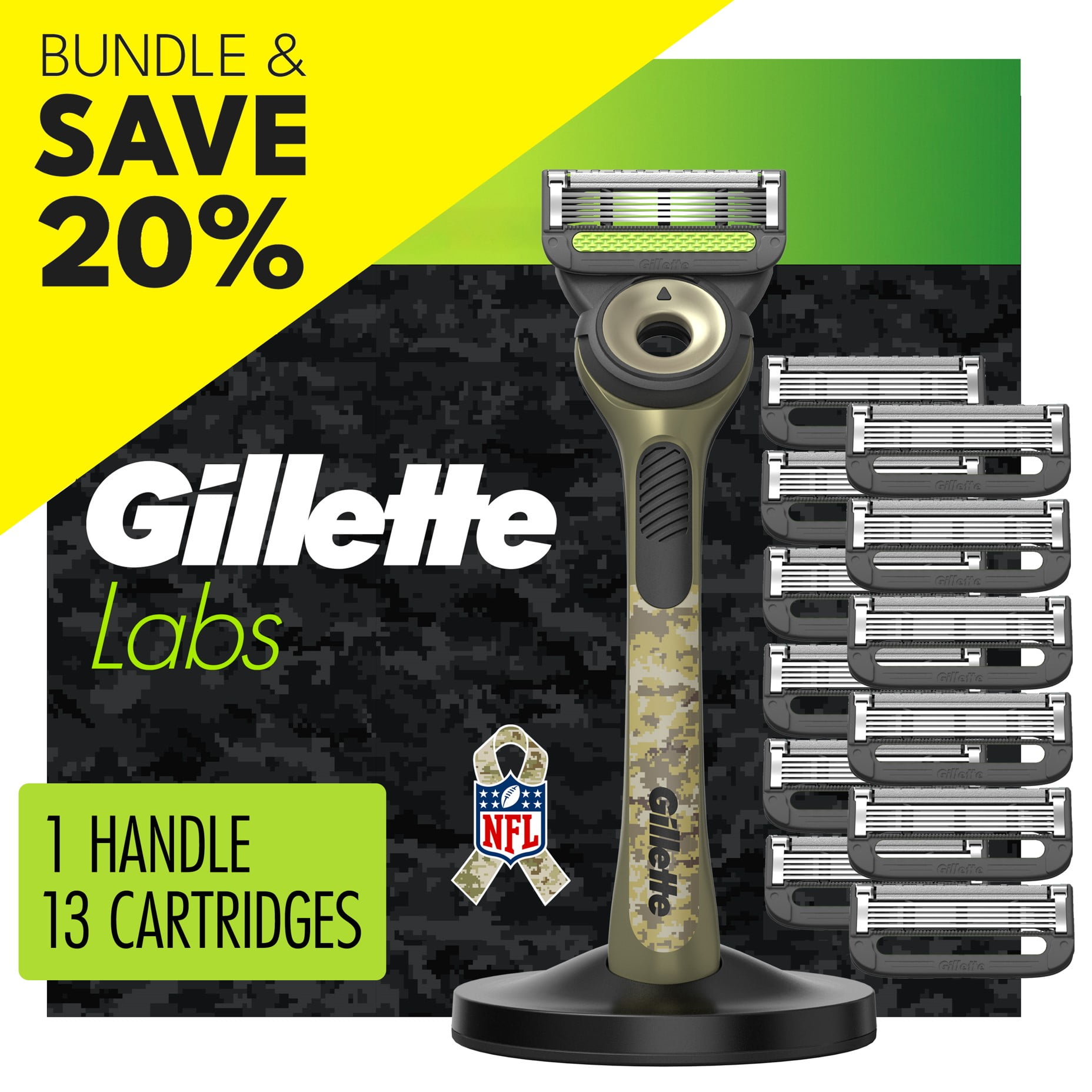 Gillette Labs Salute to Service 5-Blade Manual Razor Bundle with 12 Blade Cartridge Refills, Green Camo (Walmart Exclusive)