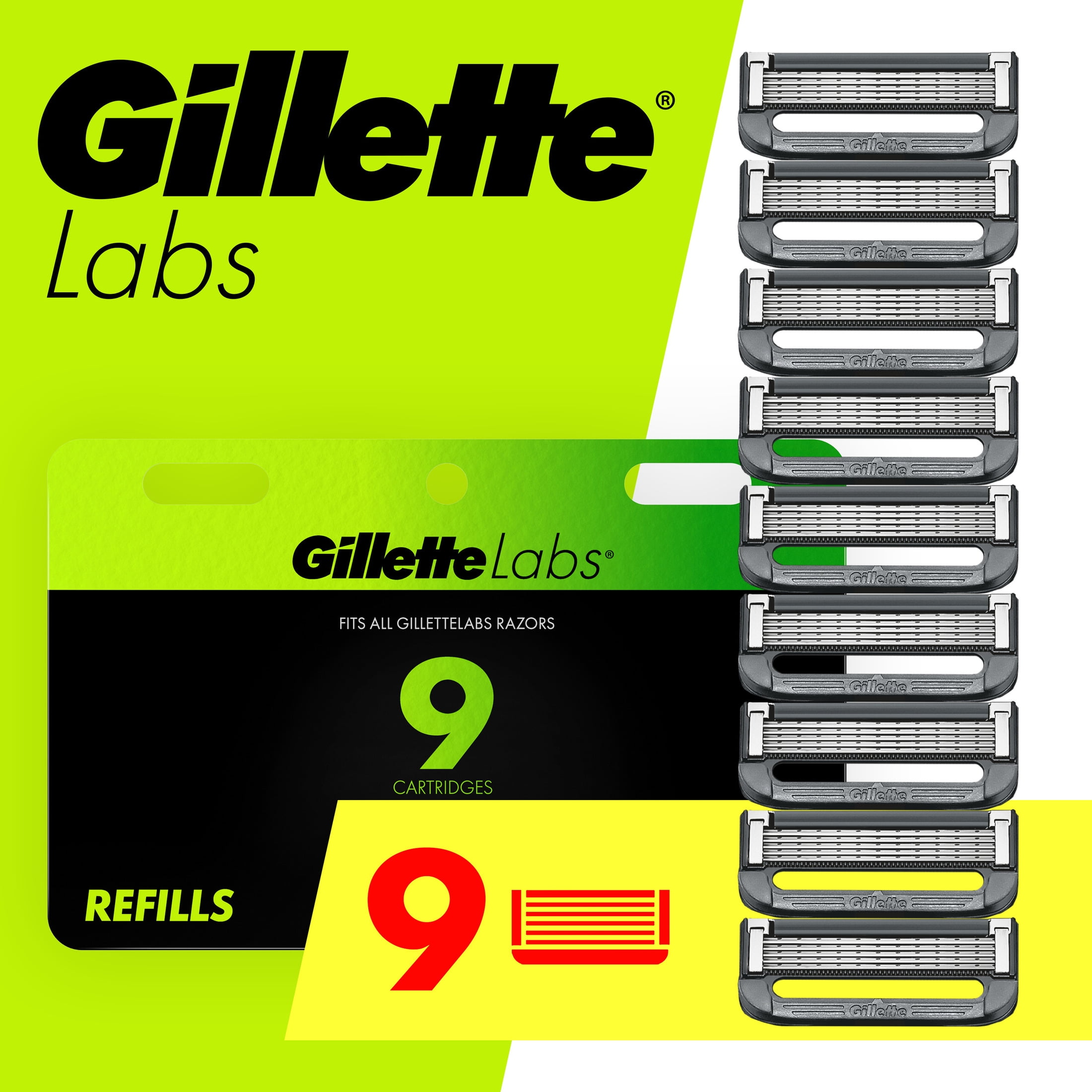 Gillette Labs Men's Razor Blade Refills with Exfoliating Bar, Green, 9 Refills