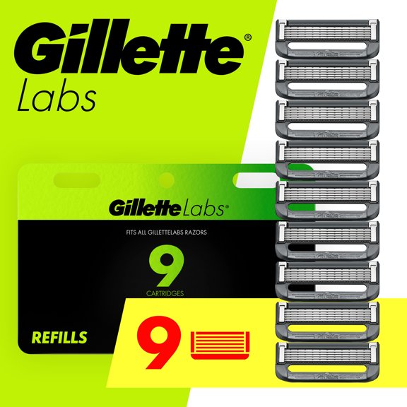 Gillette Labs Men's Razor Blade Refills with Exfoliating Bar, Green, 9 Refills