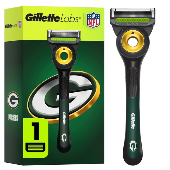 Gillette Labs Official Packers Licensed Razor for Men, Perfect for Game Day Grooming, Gillette Labs with Exfoliating Bar, 1 Handle, 1 Blade Refill
