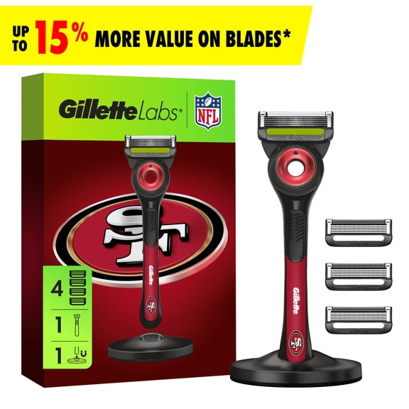 Gillette Labs Official 49ers Licensed Razor for Men, Perfect for Game Day Grooming, Gillette Labs with Exfoliating Bar, 1 Handle, 4 Blade Refills, with Magnetic Stand
