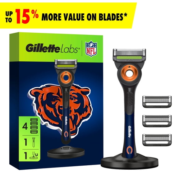 Gillette Labs Official Bears Licensed Razor for Men, Perfect for Game Day Grooming, Gillette Labs with Exfoliating Bar, 1 Handle, 4 Blade Refills, with Magnetic Stand