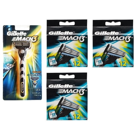 Gillette Mach3 Razor Blade Handle + Gillette Mach3 Refill Cartridges, 12 Ct. (Pack of 3) + Eyebrow Ruler