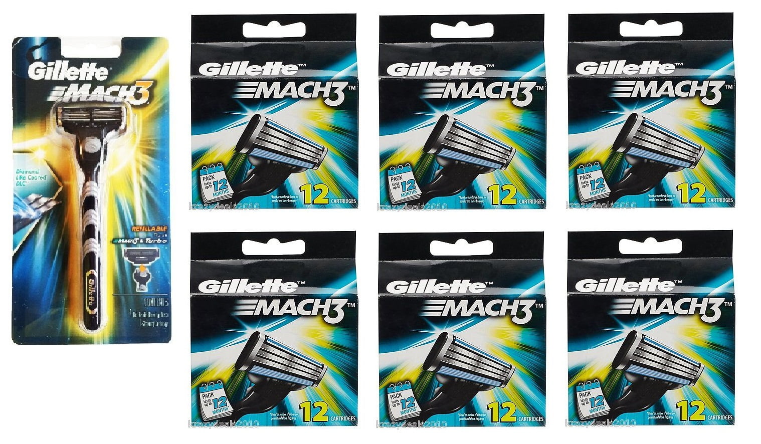 Gillette Mach3 Razor Blade Handle + Gillette Mach3 Refill Cartridges, 12 Ct. (Pack of 6)
