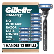 Gillette Mach3 Razor, Gillette 3-Blade Razor, 12 Blade Refills, Blades with Lubrication Strip