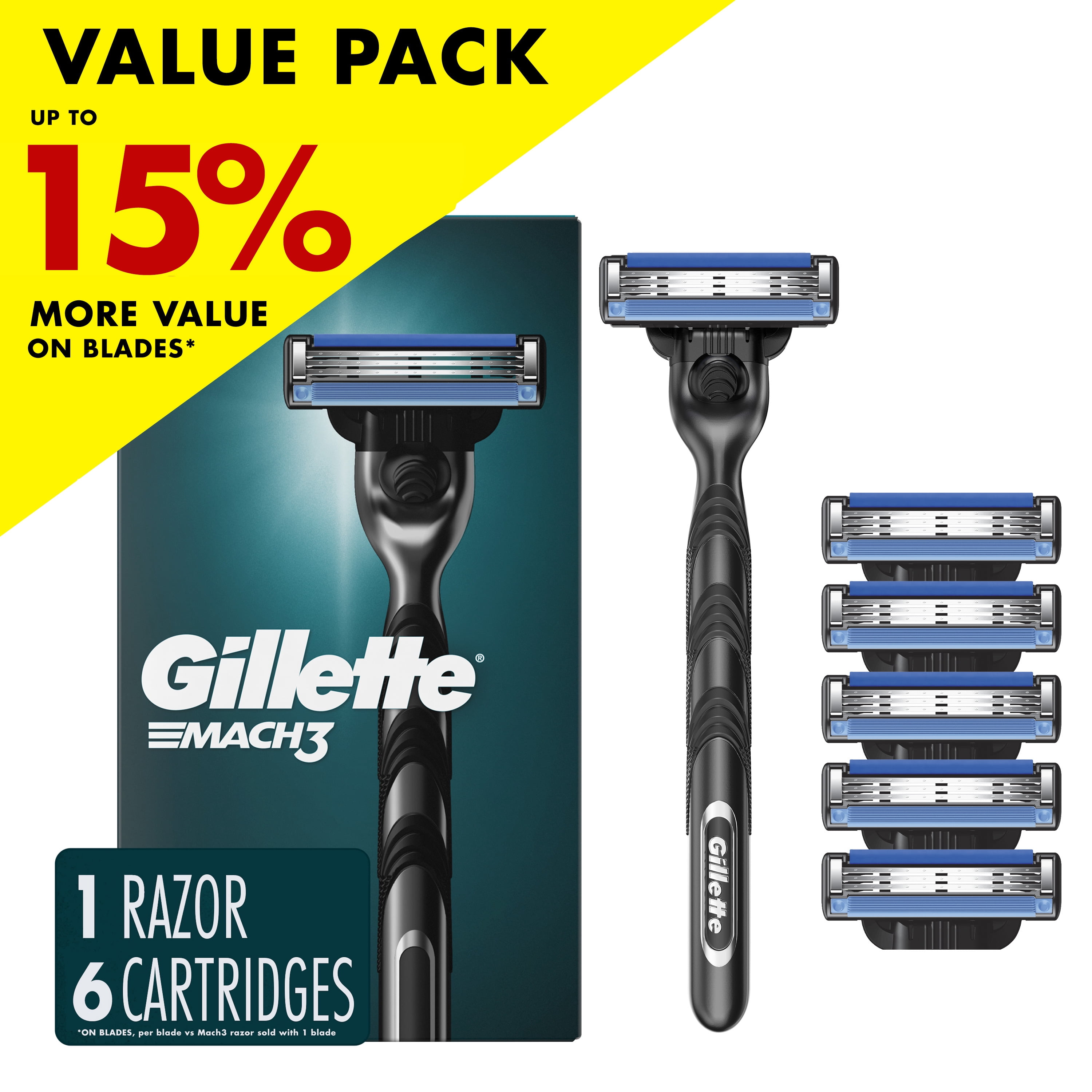 Gillette Mach3 Manual Razor, 1 Handle and 6 Blade Refills, Silver