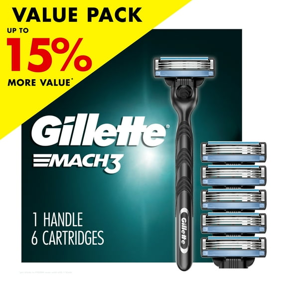 Gillette Mach3 Razor Men3 Blade Manual Razor ,1 Handle and 6 Blade Refills ,Silver