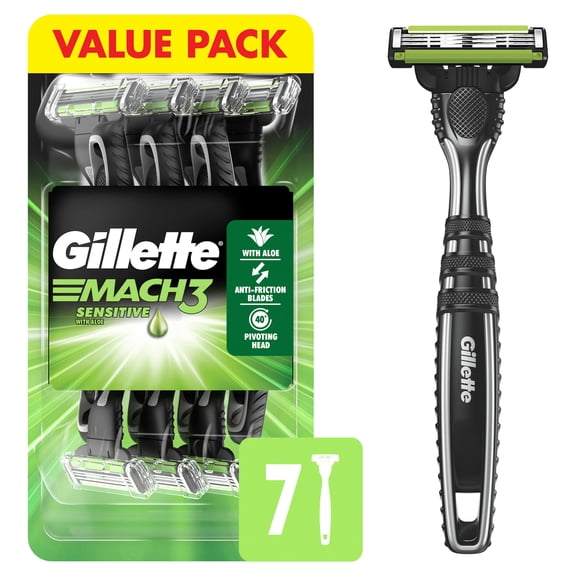 Gillette Mach3 Sensitive, Men's Disposable Shaving Razors with Pivoting Head, 7 Count