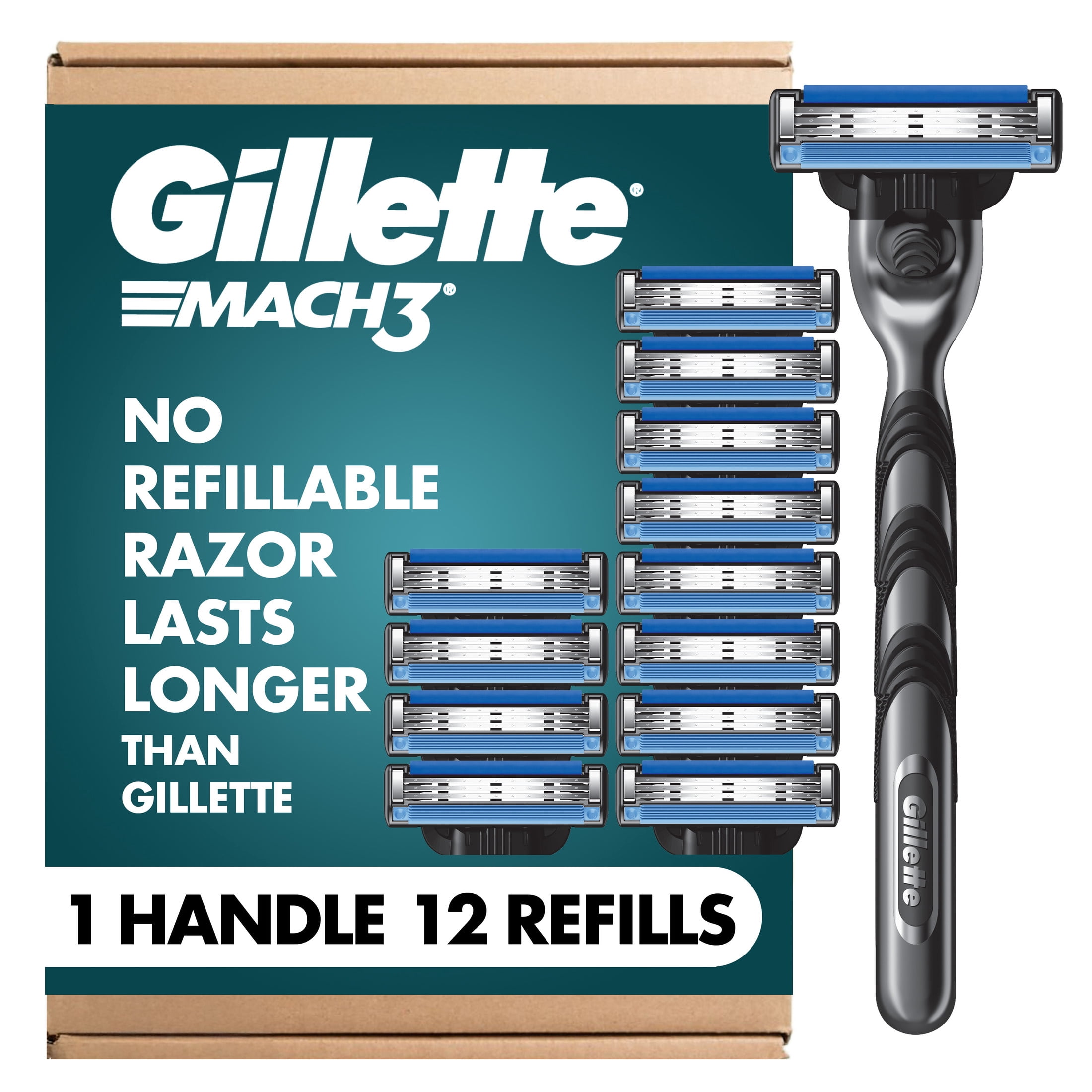 Gillette Mach3 Razor, Gillette 3-Blade Razor, 12 Blade Refills, Blades ...