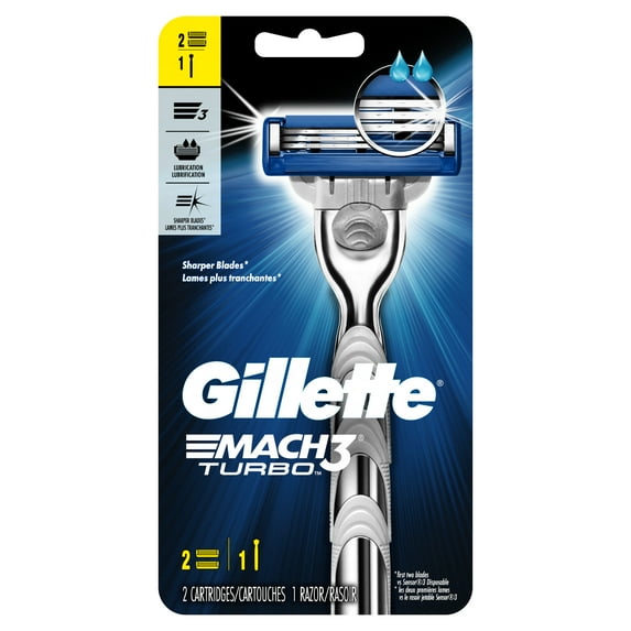 Gillette Mach3 Turbo Mens Razor Handle and 2 Blade Refill Cartridges