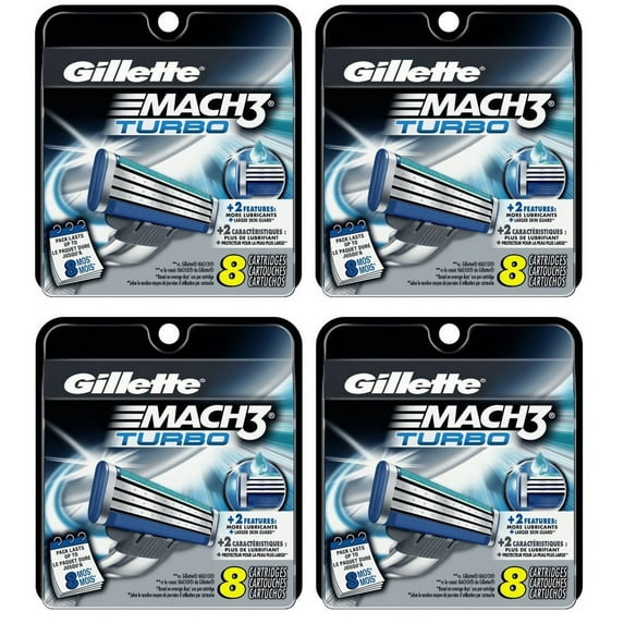 Gillette Mach3 Turbo Razor Refill Cartridges, 8 Ct (Pack of 4) + 3 Count Eyebrow Trimmer