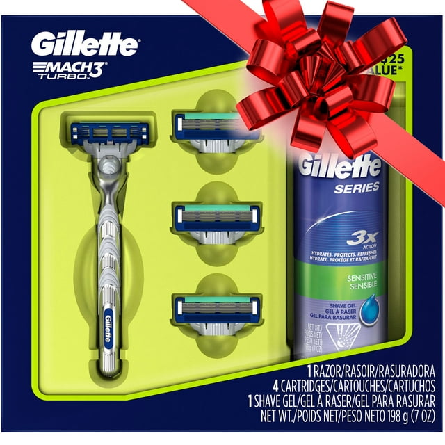 Gillette Mach3 Turbo Razor, Shave Gel and 4 Blade Refills Gift Pack