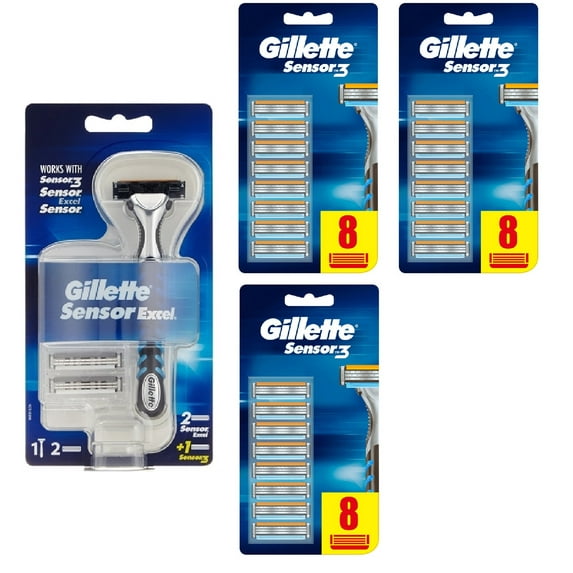 Gillette Sensor 3 Refill Razor Blade Catridges, 8 count + Gillette Sensor Excel Razor (Pack of 3)