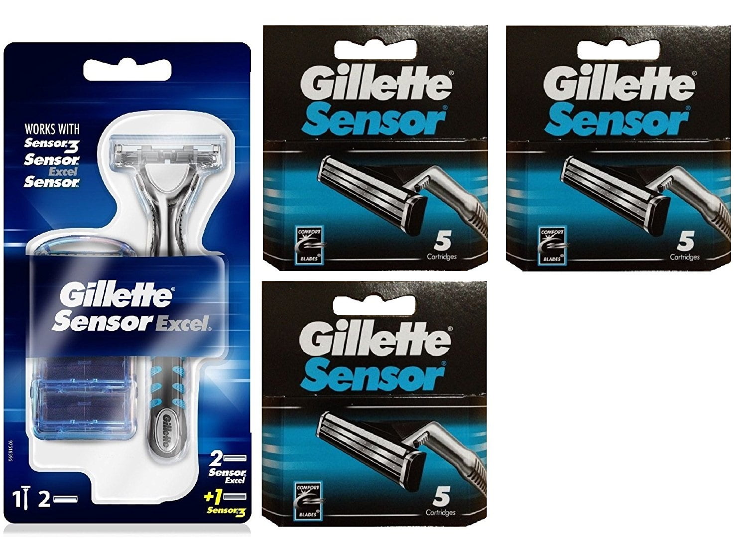 Gillette Sensor Excel Razor w/ 3 Cartridges + Gillette Sensor 5 Ct. Refill Blades (Pack of 3