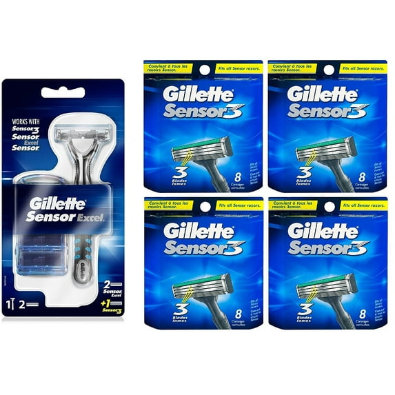 Gillette Sensor Excel Razor w/ 3 Cartridges + Gillette Sensor3 8 Ct. Refill Blades (Pack of 4) + Schick Slim Twin ST for Dry Skin