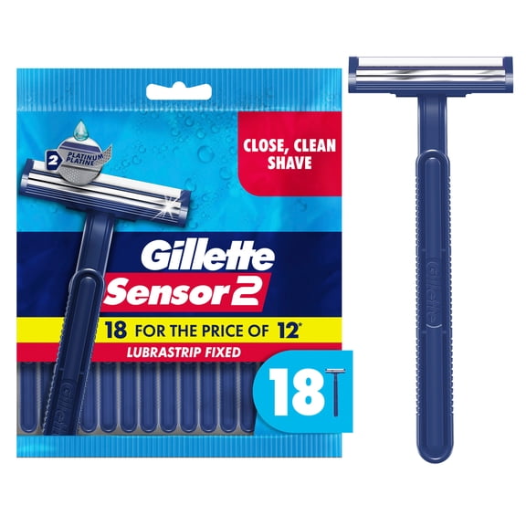 Gillette Sensor2, Fixed Men's Disposable Shaving Razors with Lubrastrip, 18 Count