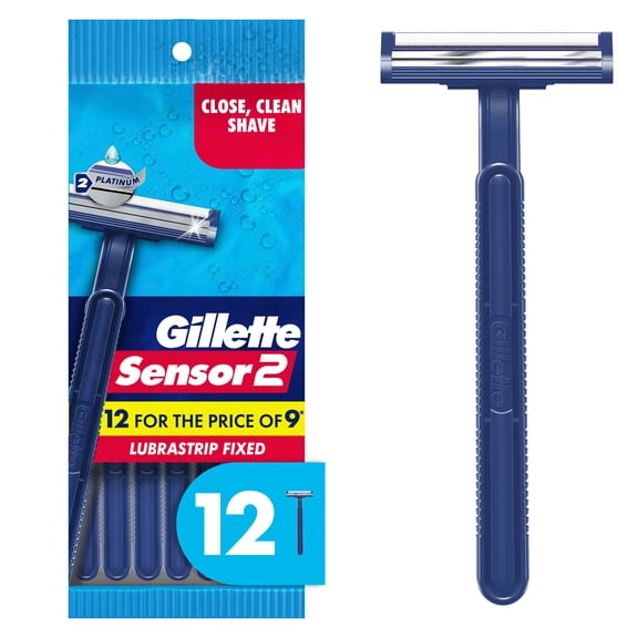 Gillette Sensor2, Fixed Men's Disposable Shaving Razors with Lubrastrip, 12 Count