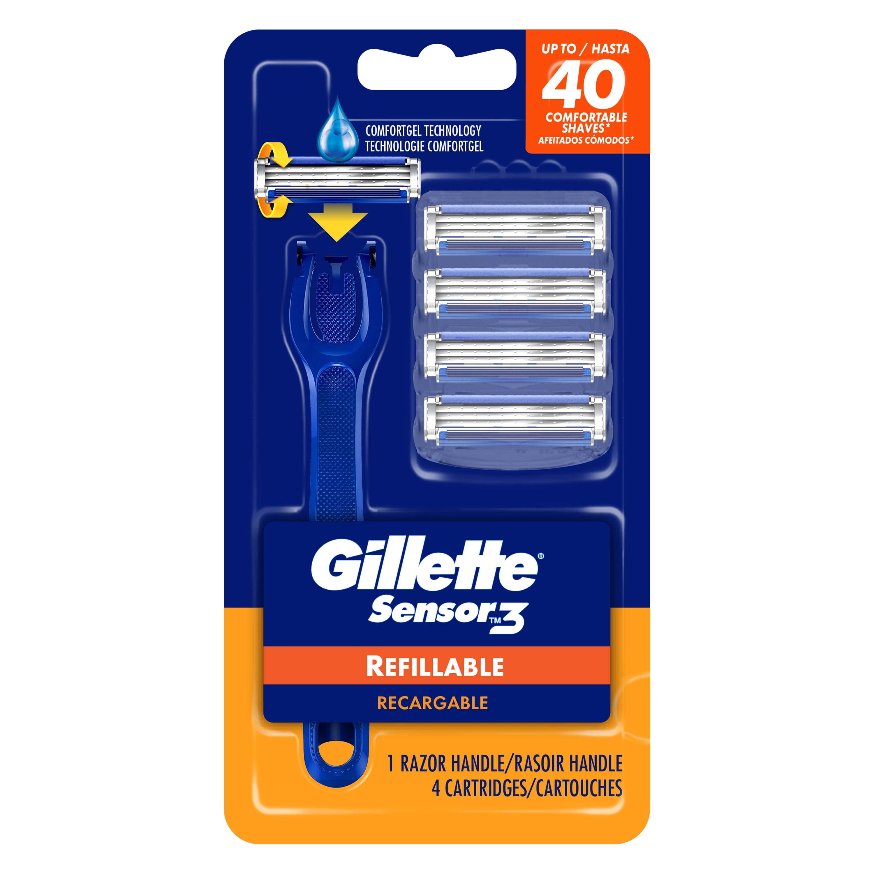 Gillette Sensor3 Refillable Razor for Men, 1 Shaving Razor Handle & 4 Blade Refills, Blue