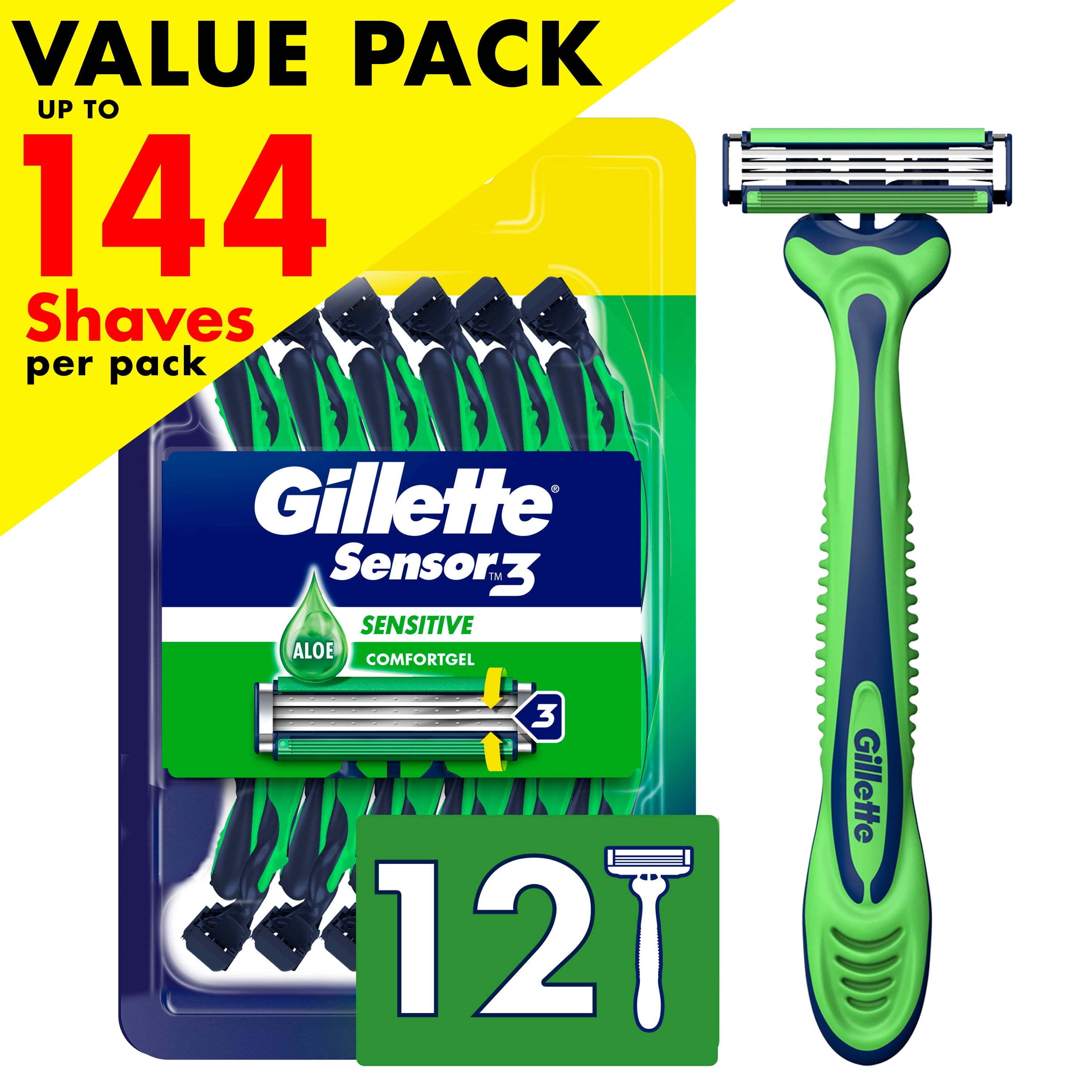 Gillette sensor3 sensitive men s disposable razor 12 razors green