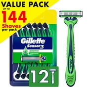 Gillette Sensor3 Sensitive Mens Disposable Razor, 12 Razors, Green