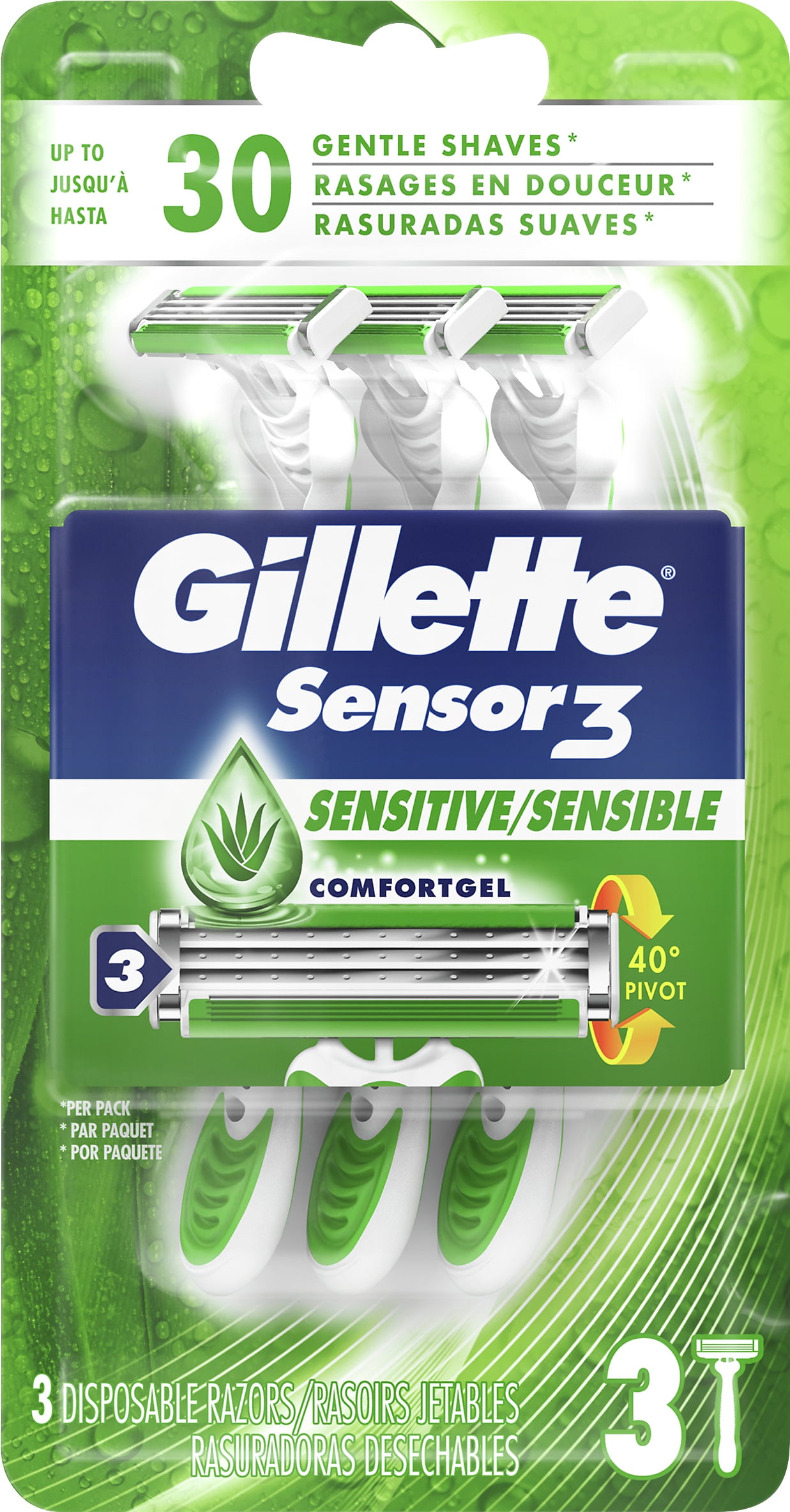 Gillette Sensor3 Sensitive Men's Disposable Razor, 3 Razors Count