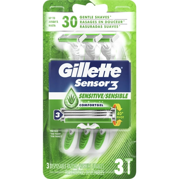 Gillette Sensor3 Sensitive Men's Disposable Razor, 3 Razors Count