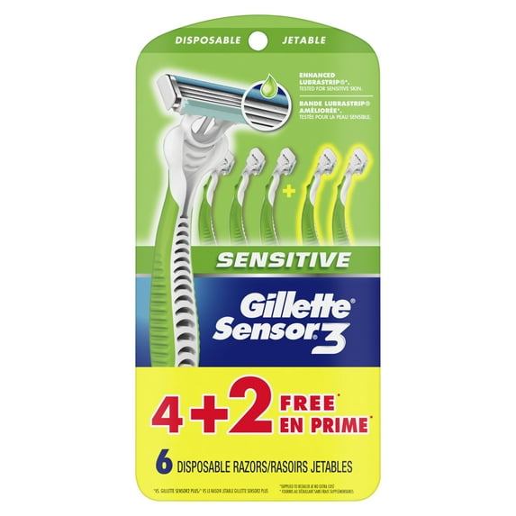 Gillette Sensor3 Sensitive Men's Disposable Razors, Pack of 4 + 2 Free Bonus Razors