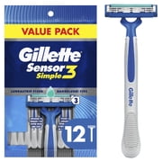 Gillette Sensor3 Simple, Men's Disposable Shaving Razors, 12 Count
