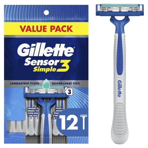 Gillette Sensor3 Simple, Men's Disposable Shaving Razors, 12 Count