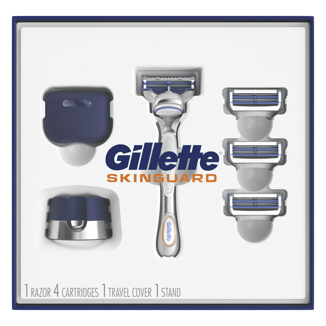 Gillette SkinGuard Men's Razor Holiday Gift Pack including 1 Razor, 4 Blades, 1 Cap and 1 Stand