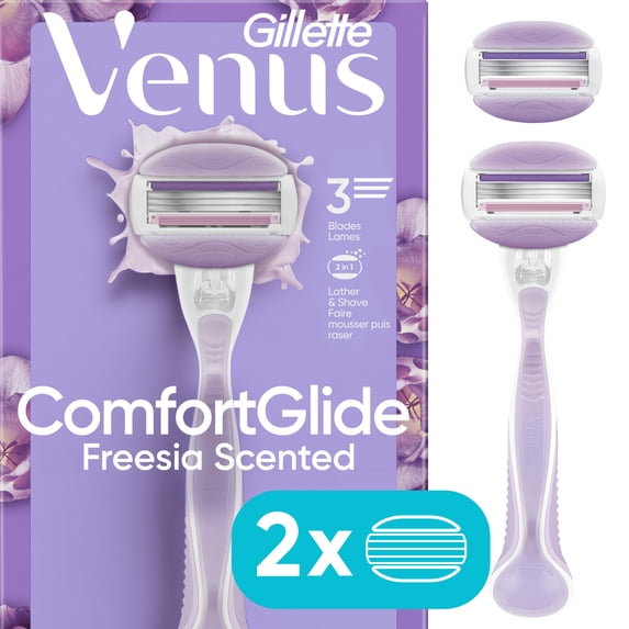 Gillette Venus ComfortGlide Freesia Women's Razor Handle + 2 Blade Refills, Purple