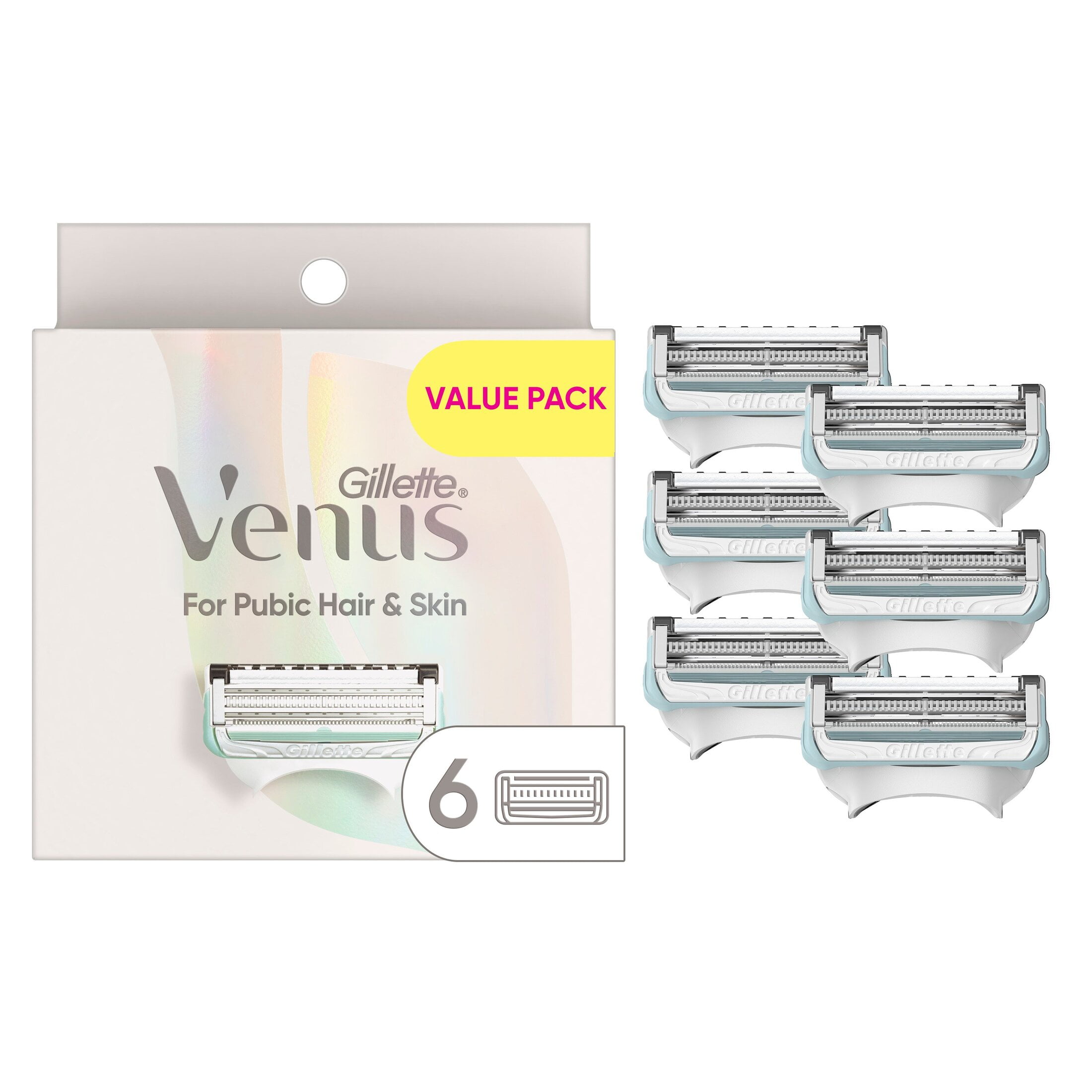 Venus for Pubic Hair & Skin, Women's Razor Blade Refills, 6 Count