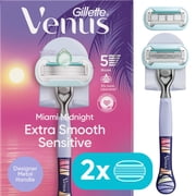 Gillette Venus Miami Midnight Extra Smooth Sensitive Razor Handle, 2 Refills, 1 Shower Hook