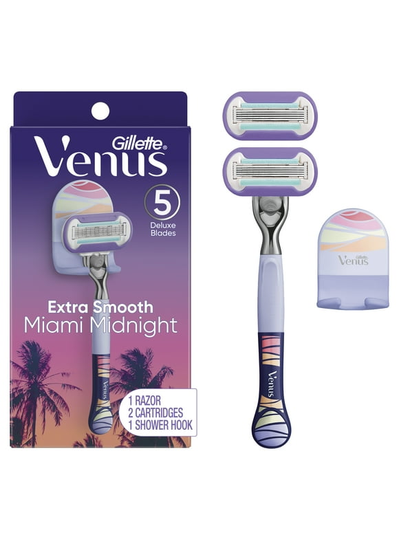 Gillette Venus Miami Midnight Extra Smooth Women's Razor Handle, 2 Blade Refills and Shower Hook