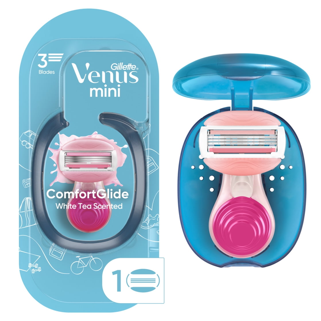 Gillette Venus Mini on The Go Women's Razor Handle with 1 ComfortGlide White Tea Scent Blade Refill + 1 Travel Case