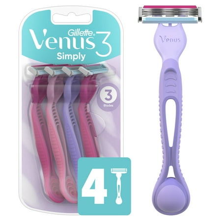 Gillette Venus Simply 3 Multi-Color Disposable Razors, Female, 4 Count