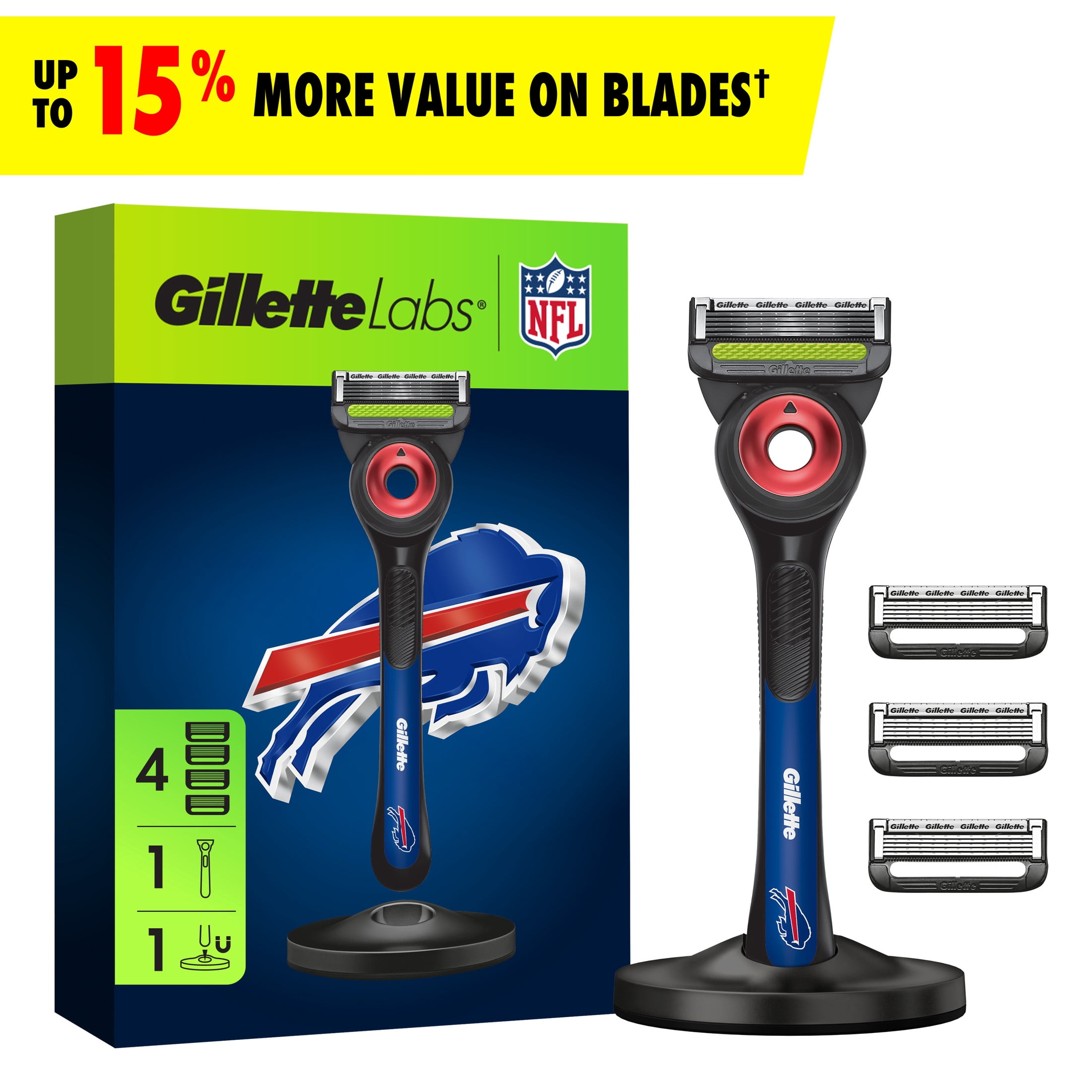 Gillette Labs Official Bills Licensed Razor for Men, Perfect for Game Day Grooming, Gillette Labs with Exfoliating Bar, 1 Handle, 4 Blade Refills, with Magnetic Stand