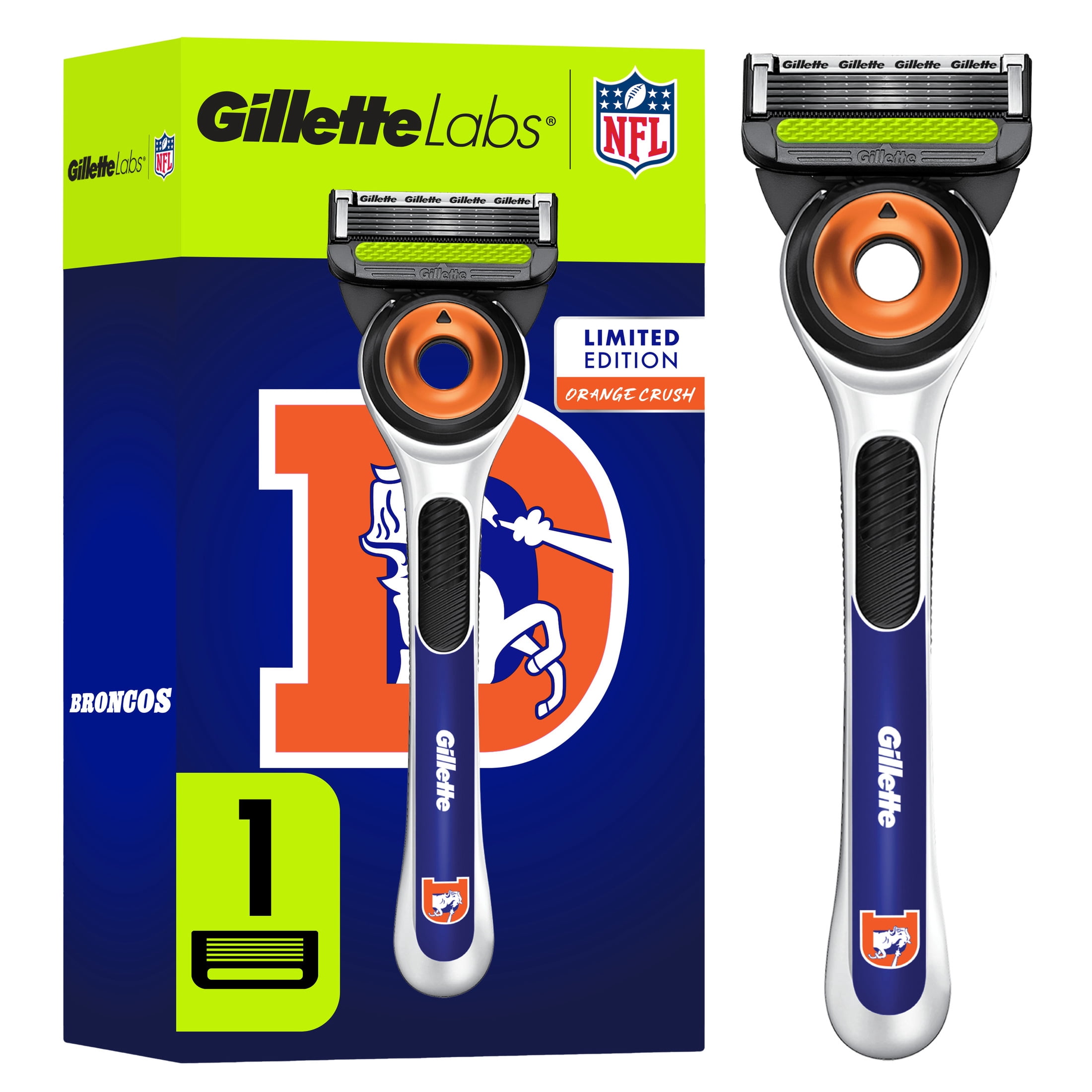 Gillette Labs Official Broncos Licensed Razor for Men, Perfect for Game Day Grooming, Gillette Labs with Exfoliating Bar, 1 Handle, 1 Blade Refill