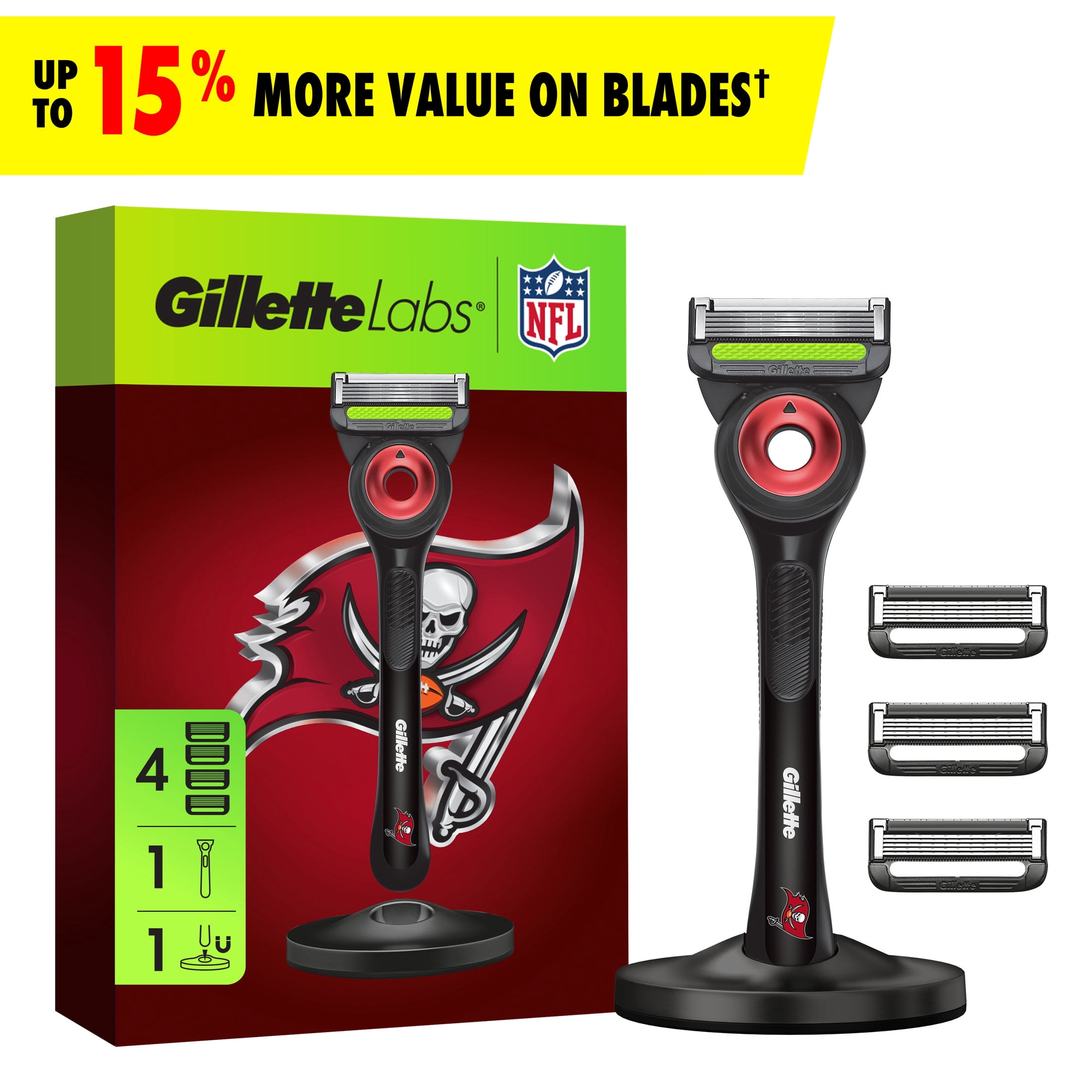 Gillette Labs Official Buccaneers Licensed Razor for Men, Perfect for Game Day Grooming, Gillette Labs with Exfoliating Bar, 1 Handle, 4 Blade Refills, with Magnetic Stand