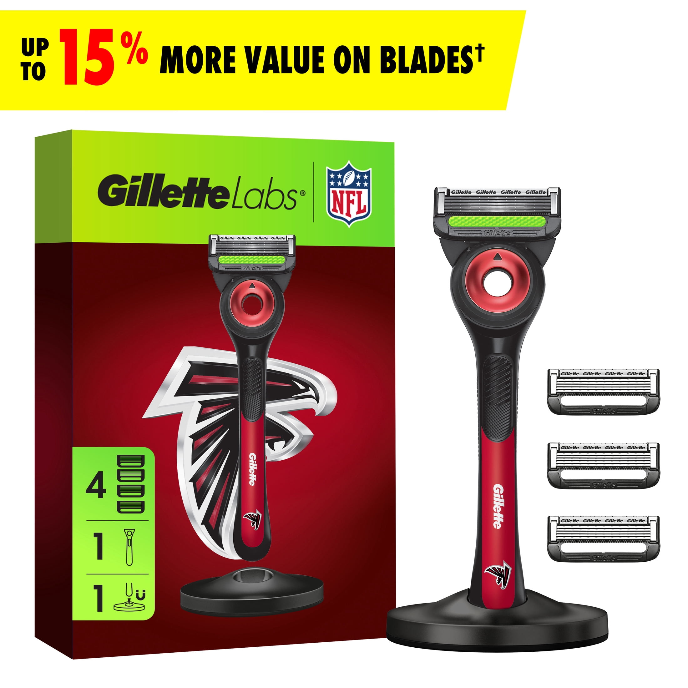 Gillette Labs Official Falcons Licensed Razor for Men, Perfect for Game Day Grooming, Gillette Labs with Exfoliating Bar, 1 Handle, 4 Blade Refills, with Magnetic Stand