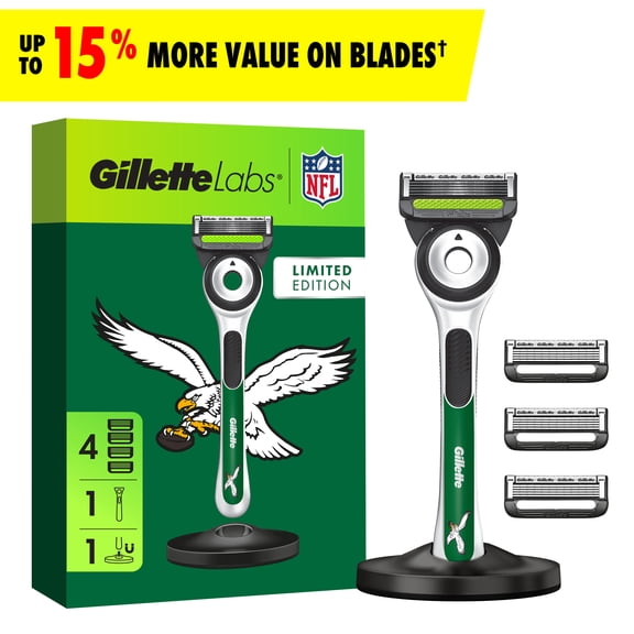 Gillette Labs Official Eagles Licensed Razor for Men, Perfect for Game Day Grooming, Gillette Labs with Exfoliating Bar, 1 Handle, 4 Blade Refills, with Magnetic Stand