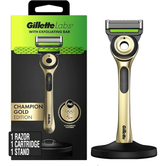 GilletteLabs with Exfoliating Bar Razor for Men, Champion Gold Edition - 1 Handle, 1 Razor Blade Refill, Includes Premium Magnetic Stand