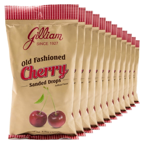 Gilliam Cherry Sanded Drops - Old Fashioned Hard Candy Sweet Classic Cherry Flavor Handcrafted Nostalgic Treats for Candy Bowls Gifts and Everyday Enjoyment, 12 Bags (4.5oz each)